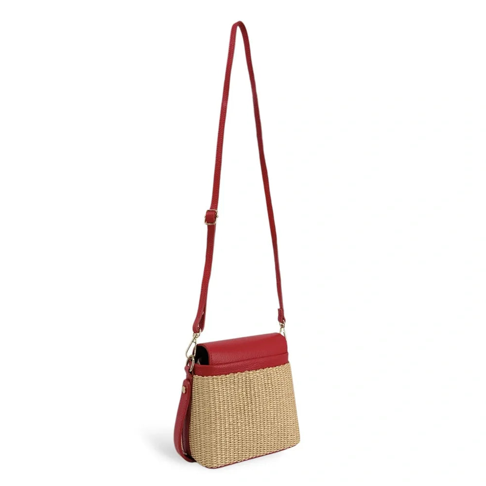 Mini-sac à main en cuir et raphia SIENNA Rouge magenta