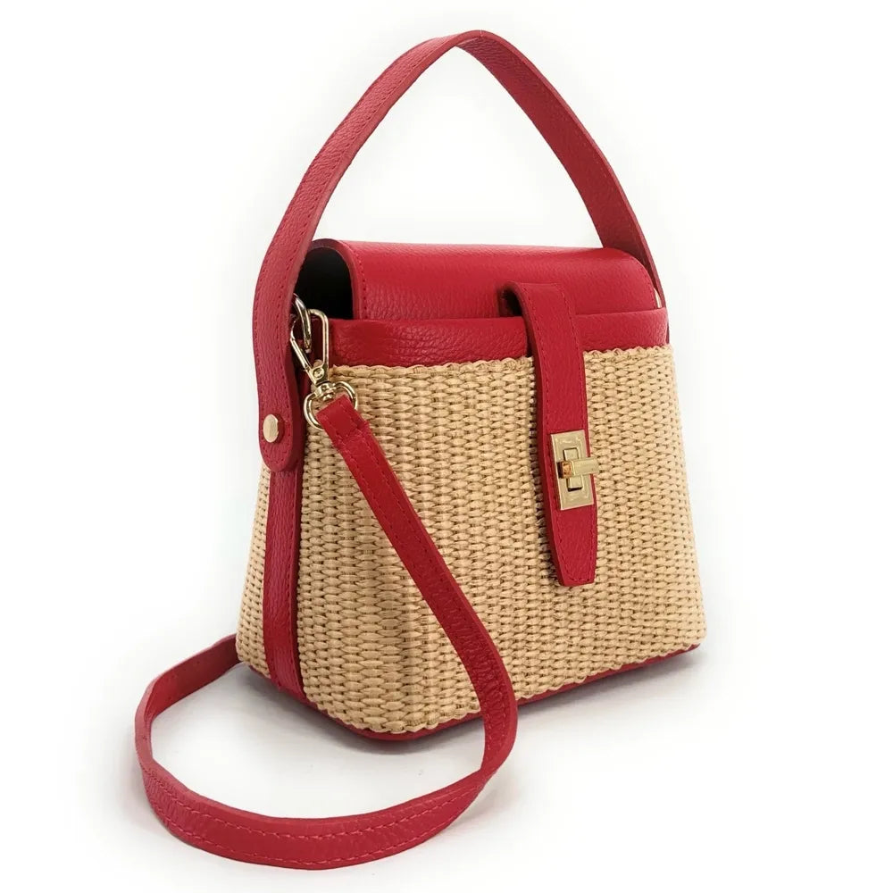 Mini-sac à main en cuir et raphia SIENNA Rouge magenta