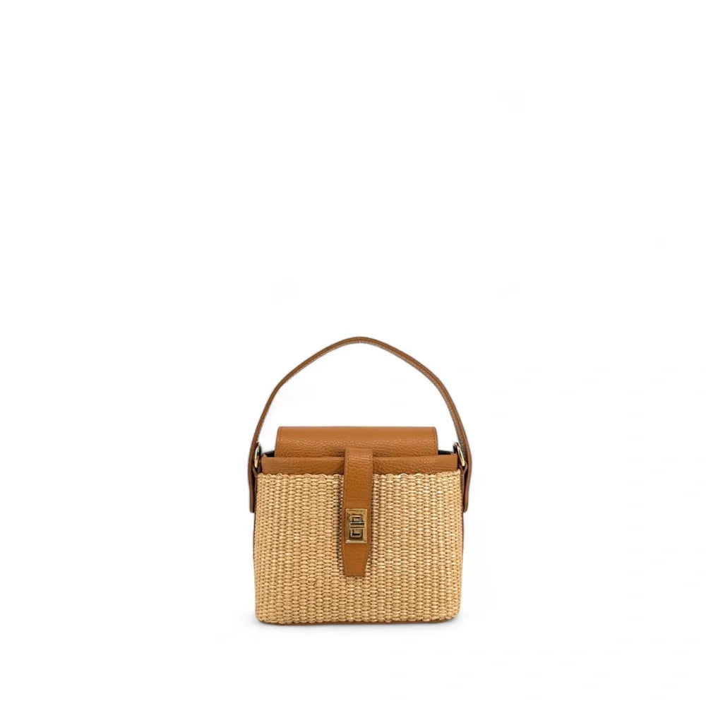 Mini-sac à main en cuir et raphia SIENNA Camel foncé
