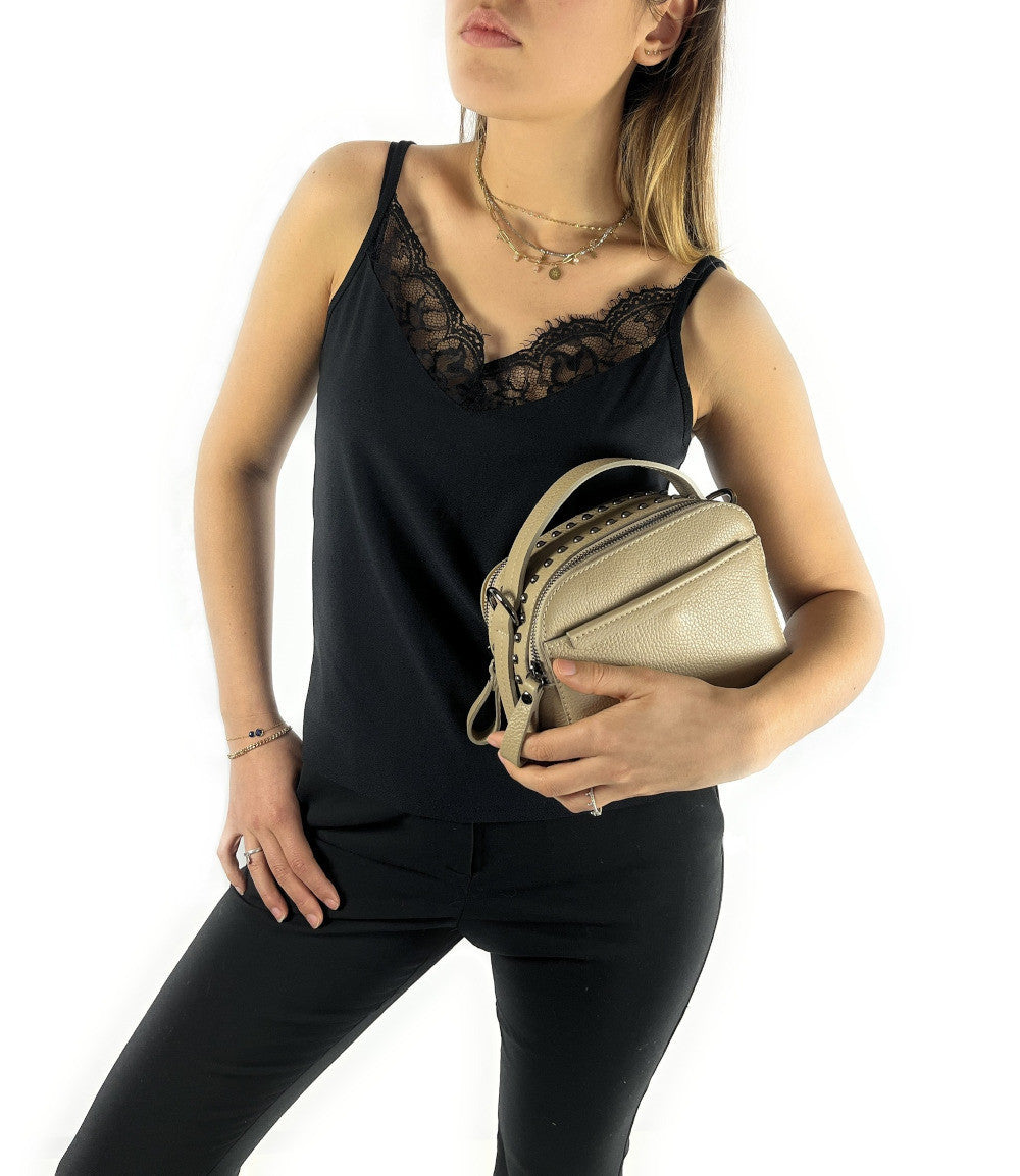 Mini sac à main en cuir grainé clouté AMY Taupe