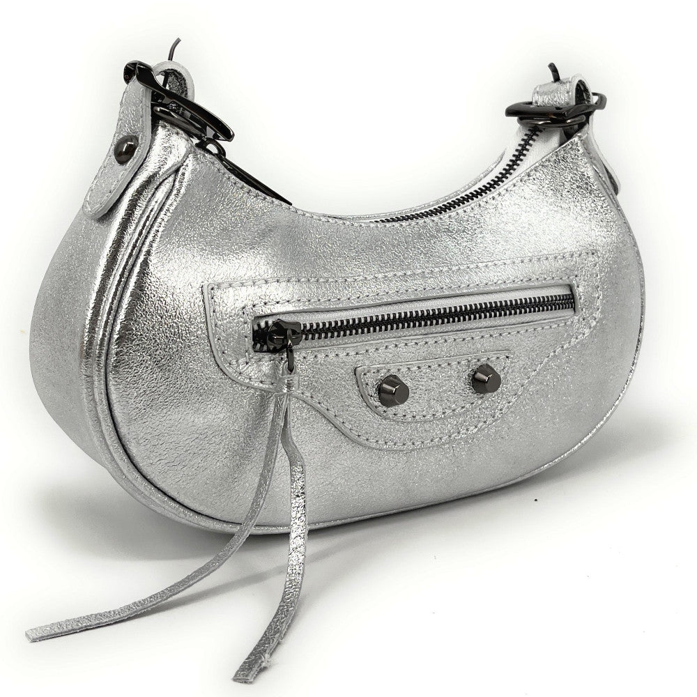 Sac à main demi-lune en cuir grainé ou irisé LUNA PARK Argent clair