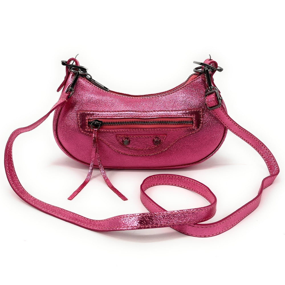Sac à main demi-lune en cuir grainé ou irisé LUNA PARK Rose néon