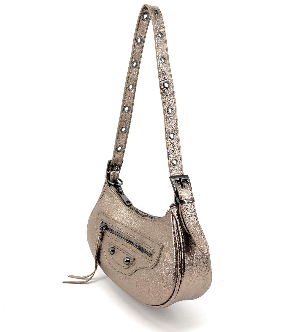 Sac à main demi-lune en cuir grainé ou irisé LUNA PARK Champagne irisé