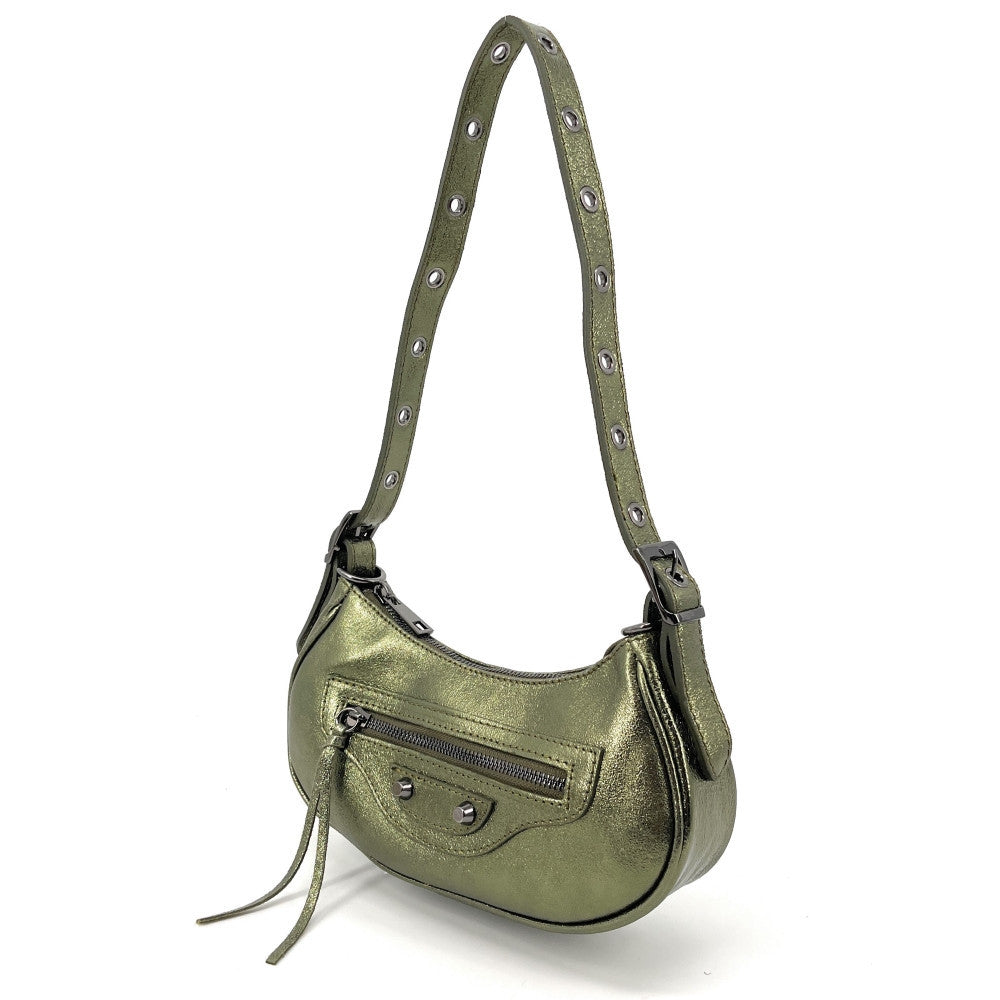 Sac à main demi-lune en cuir grainé ou irisé LUNA PARK Kaki irisé