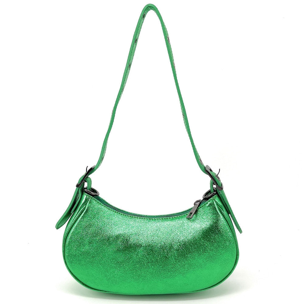 Sac à main demi-lune en cuir grainé ou irisé LUNA PARK Vert anglais irisé