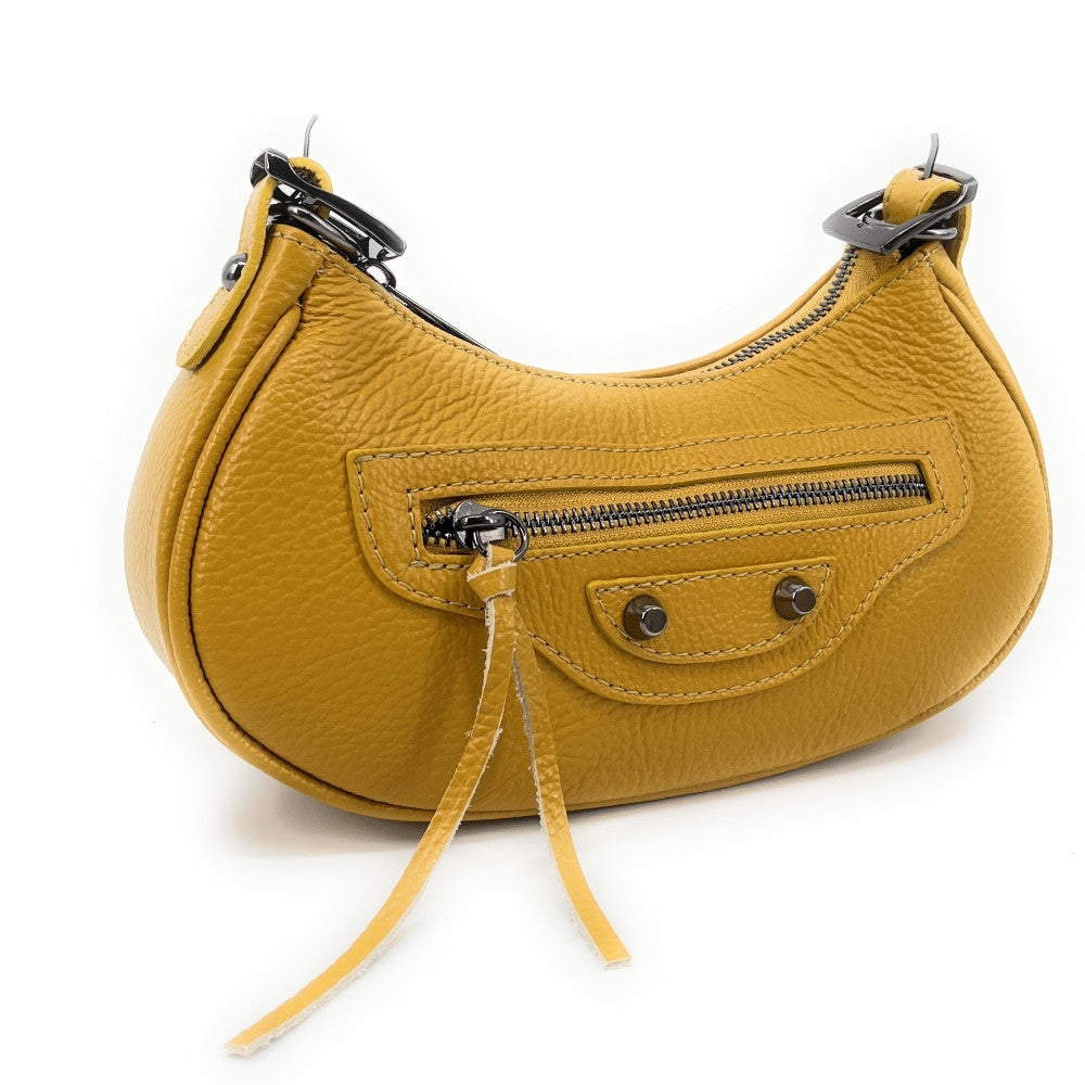 Sac à main demi-lune en cuir grainé ou irisé LUNA PARK Jaune Moutarde