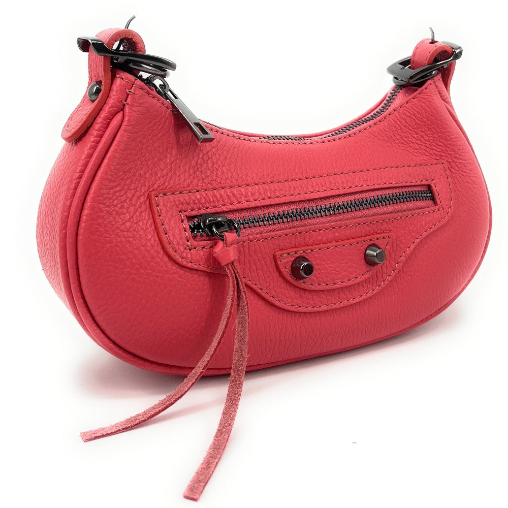 Sac à main demi-lune en cuir grainé ou irisé LUNA PARK Rose corail