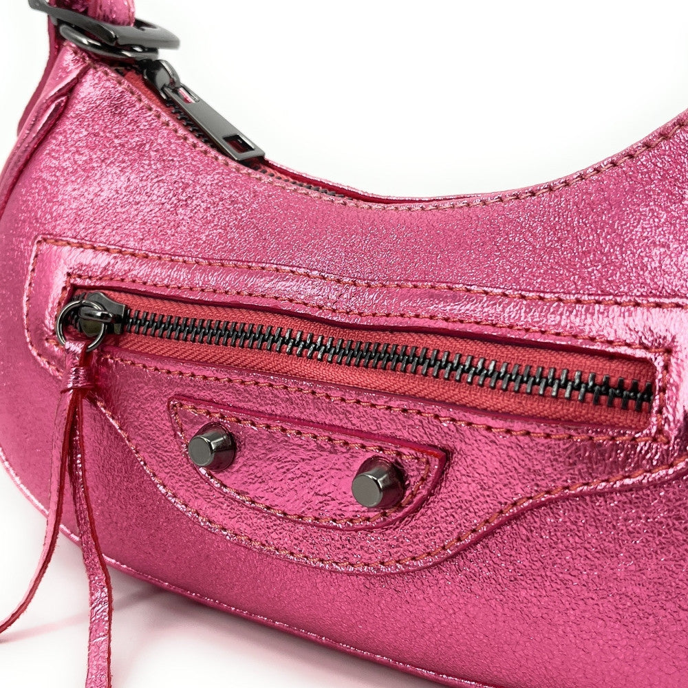 Sac à main demi-lune en cuir grainé ou irisé LUNA PARK Rose néon