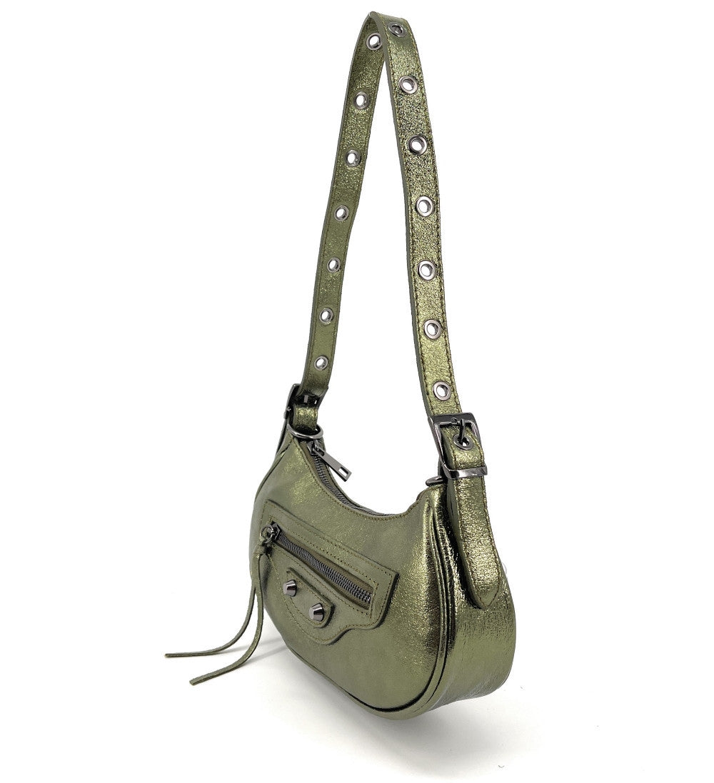 Sac à main demi-lune en cuir grainé ou irisé LUNA PARK Kaki irisé