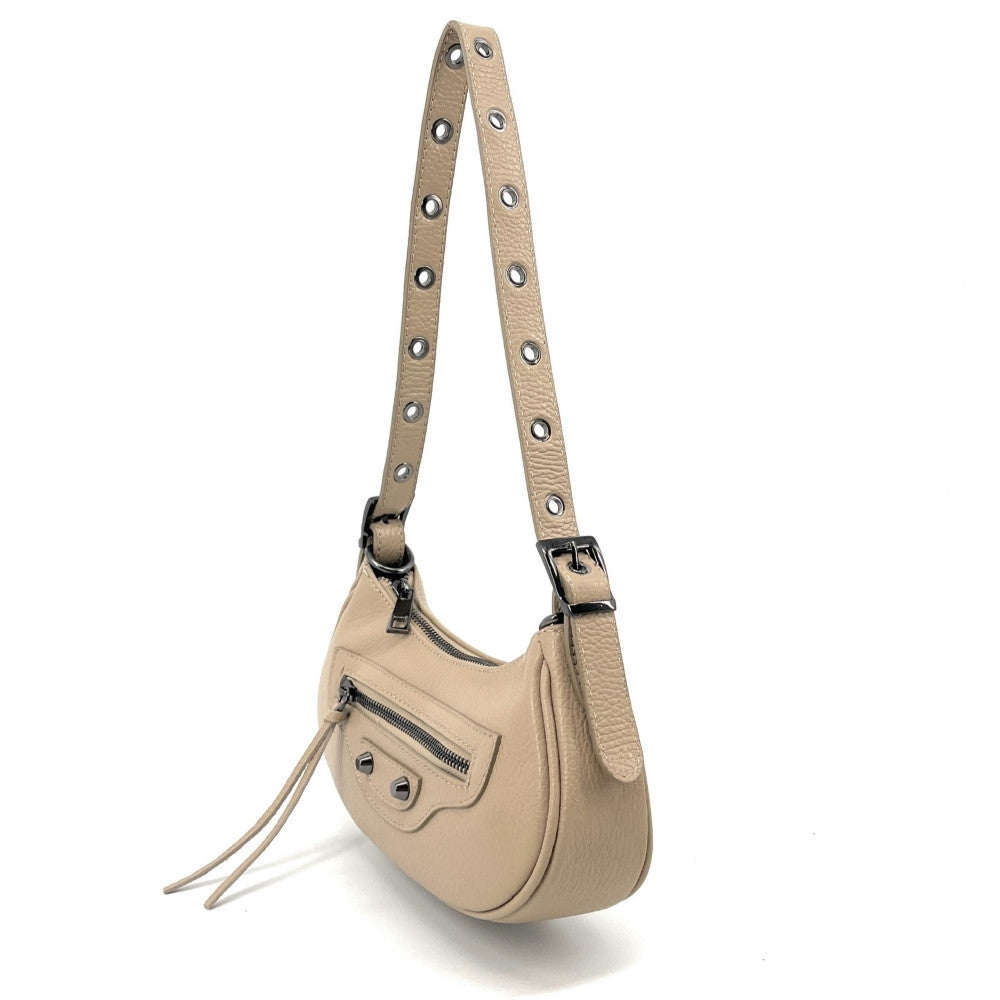 Sac à main demi-lune en cuir grainé ou irisé LUNA PARK Taupe clair