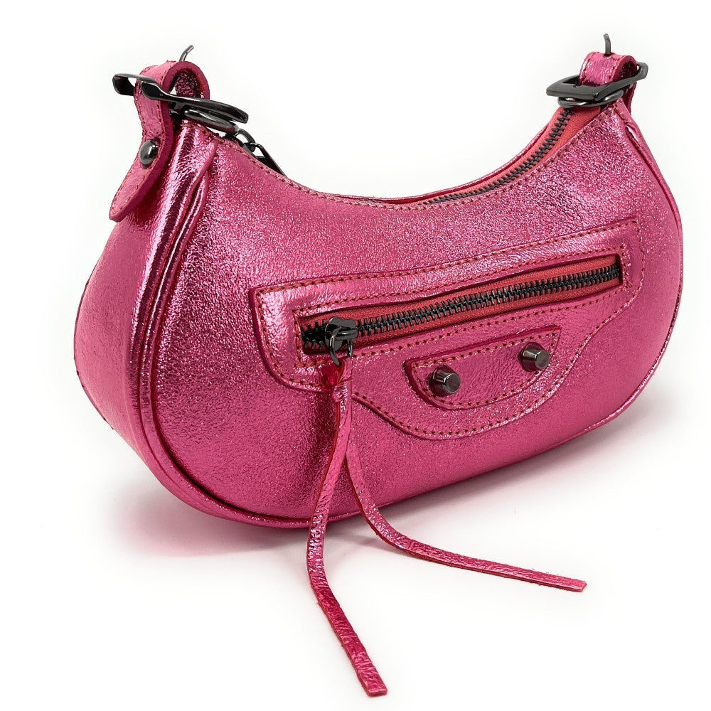 Sac à main demi-lune en cuir grainé ou irisé LUNA PARK Rose néon