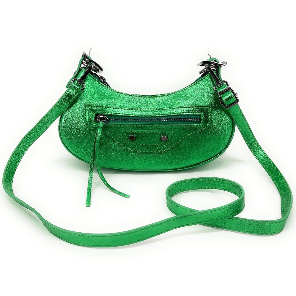Sac à main demi-lune en cuir grainé ou irisé LUNA PARK Vert anglais irisé