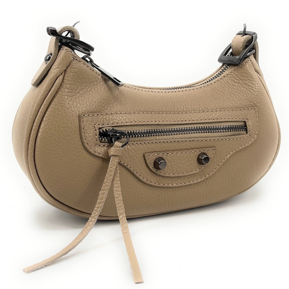Sac à main demi-lune en cuir grainé ou irisé LUNA PARK Taupe clair