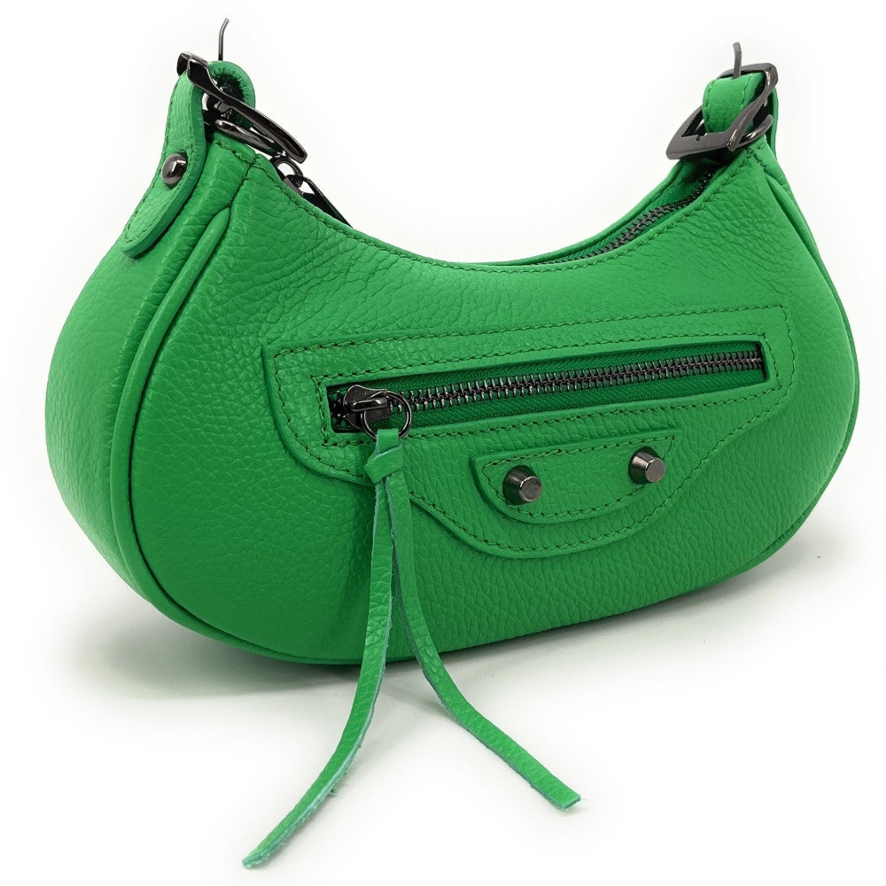 Sac à main demi-lune en cuir grainé ou irisé LUNA PARK Vert anglais
