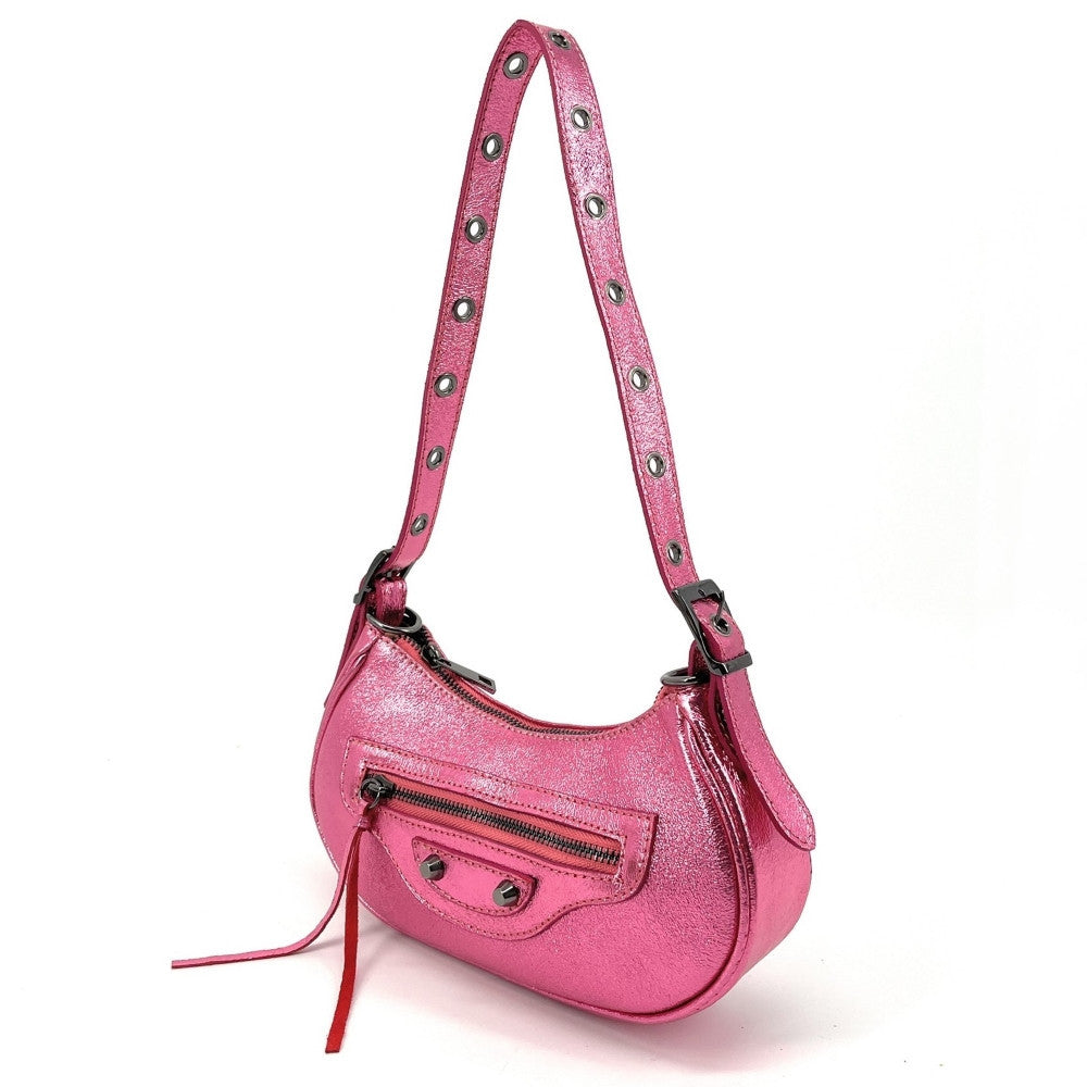 Sac à main demi-lune en cuir grainé ou irisé LUNA PARK Rose néon