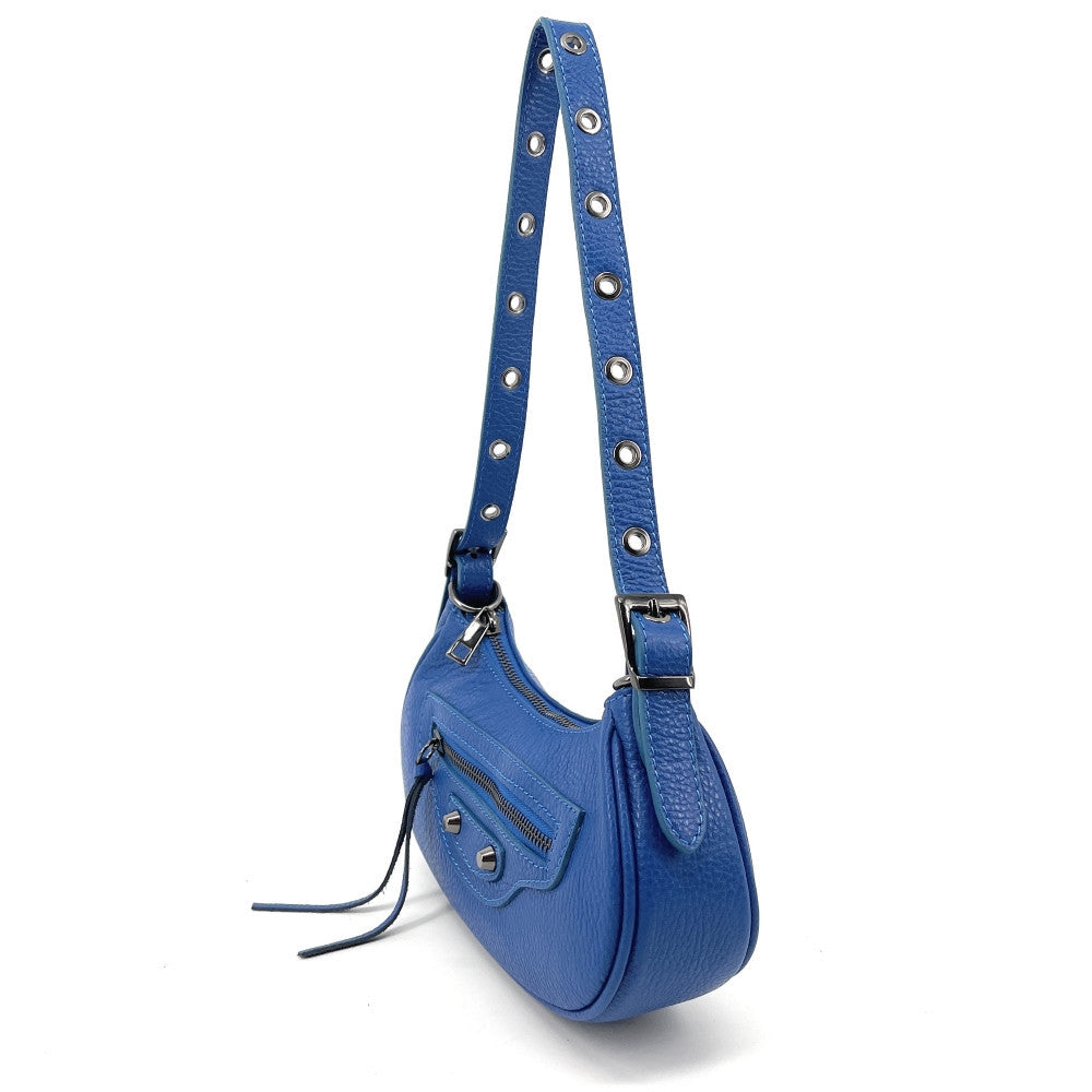 Sac à main demi-lune en cuir grainé ou irisé LUNA PARK Bleu cobalt