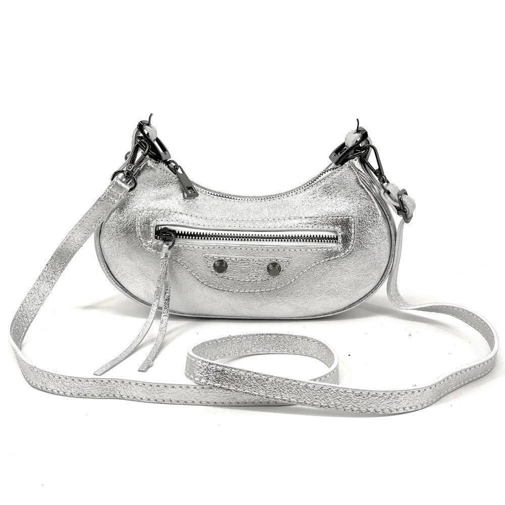 Sac à main demi-lune en cuir grainé ou irisé LUNA PARK Argent clair