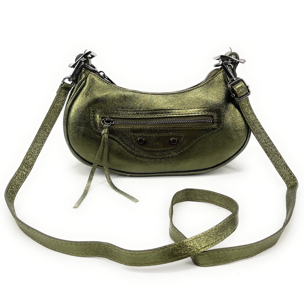 Sac à main demi-lune en cuir grainé ou irisé LUNA PARK Kaki irisé