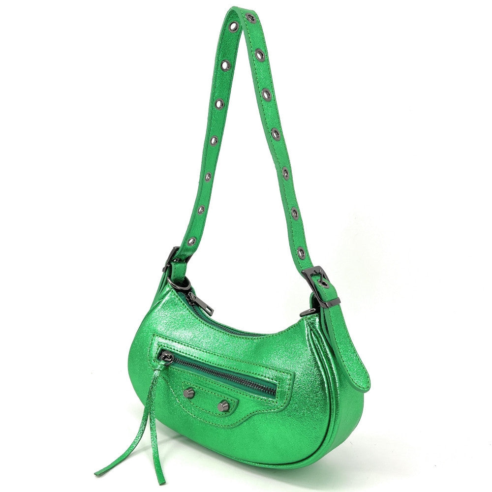 Sac à main demi-lune en cuir grainé ou irisé LUNA PARK Vert anglais irisé