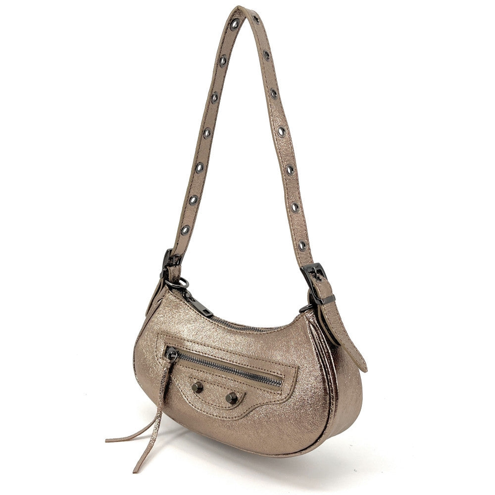 Sac à main demi-lune en cuir grainé ou irisé LUNA PARK Champagne irisé