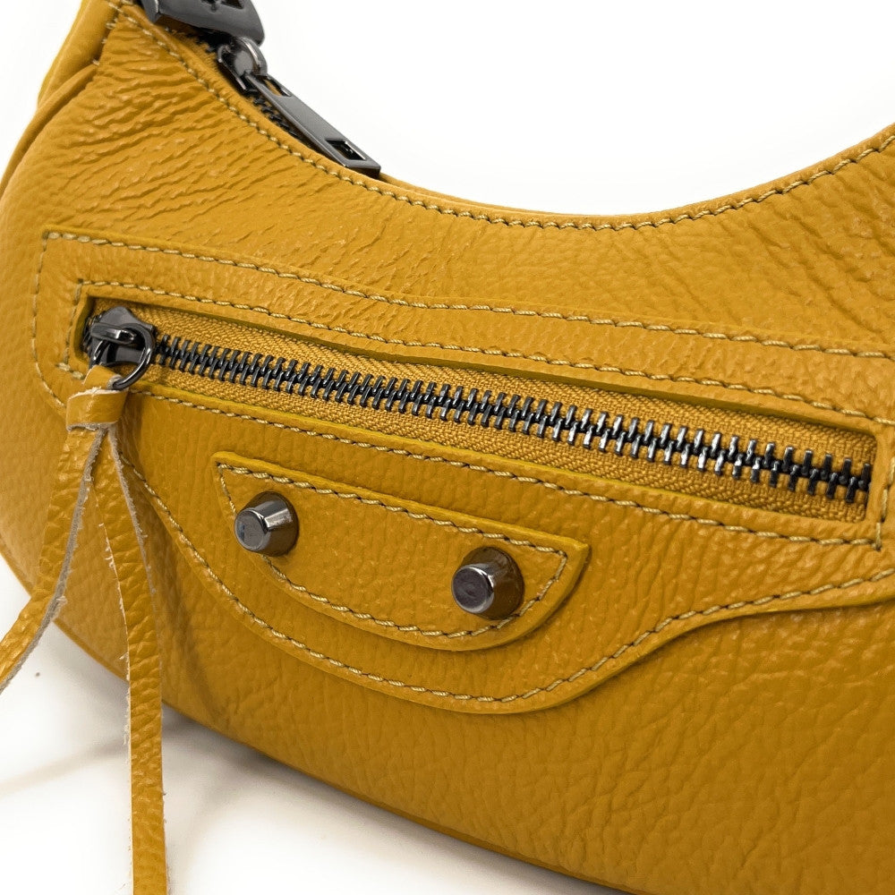 Sac à main demi-lune en cuir grainé ou irisé LUNA PARK Jaune Moutarde
