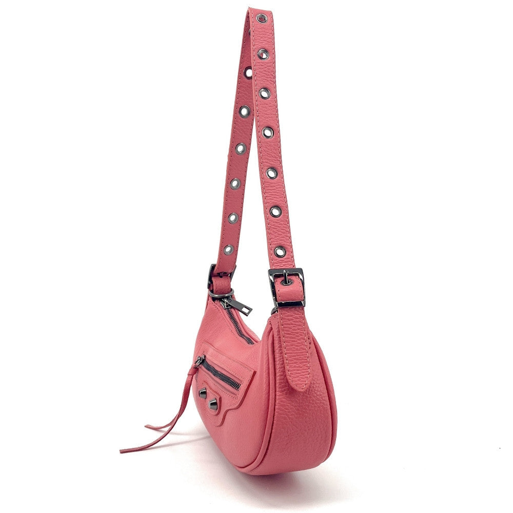 Sac à main demi-lune en cuir grainé ou irisé LUNA PARK Rose corail