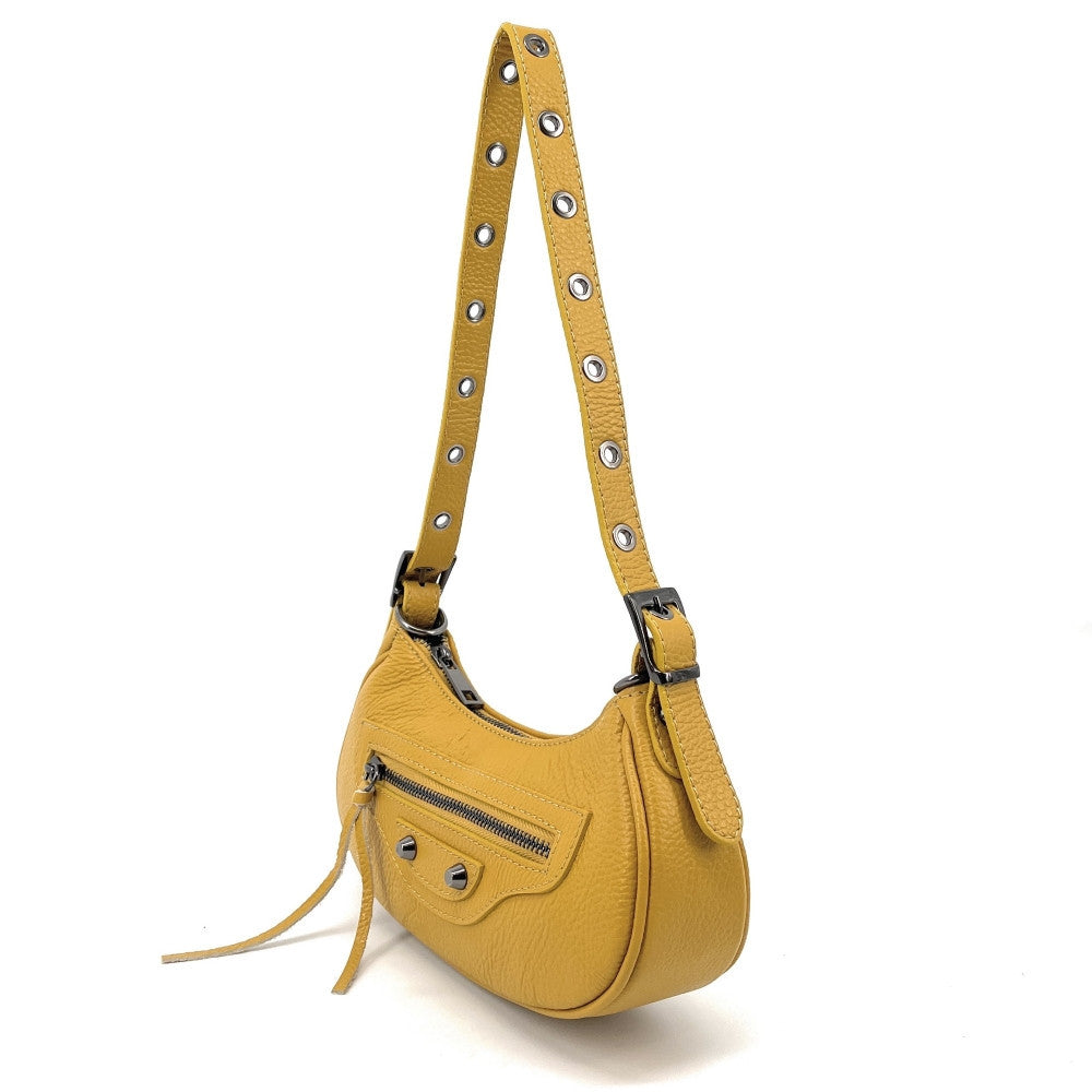 Sac à main demi-lune en cuir grainé ou irisé LUNA PARK Jaune Moutarde