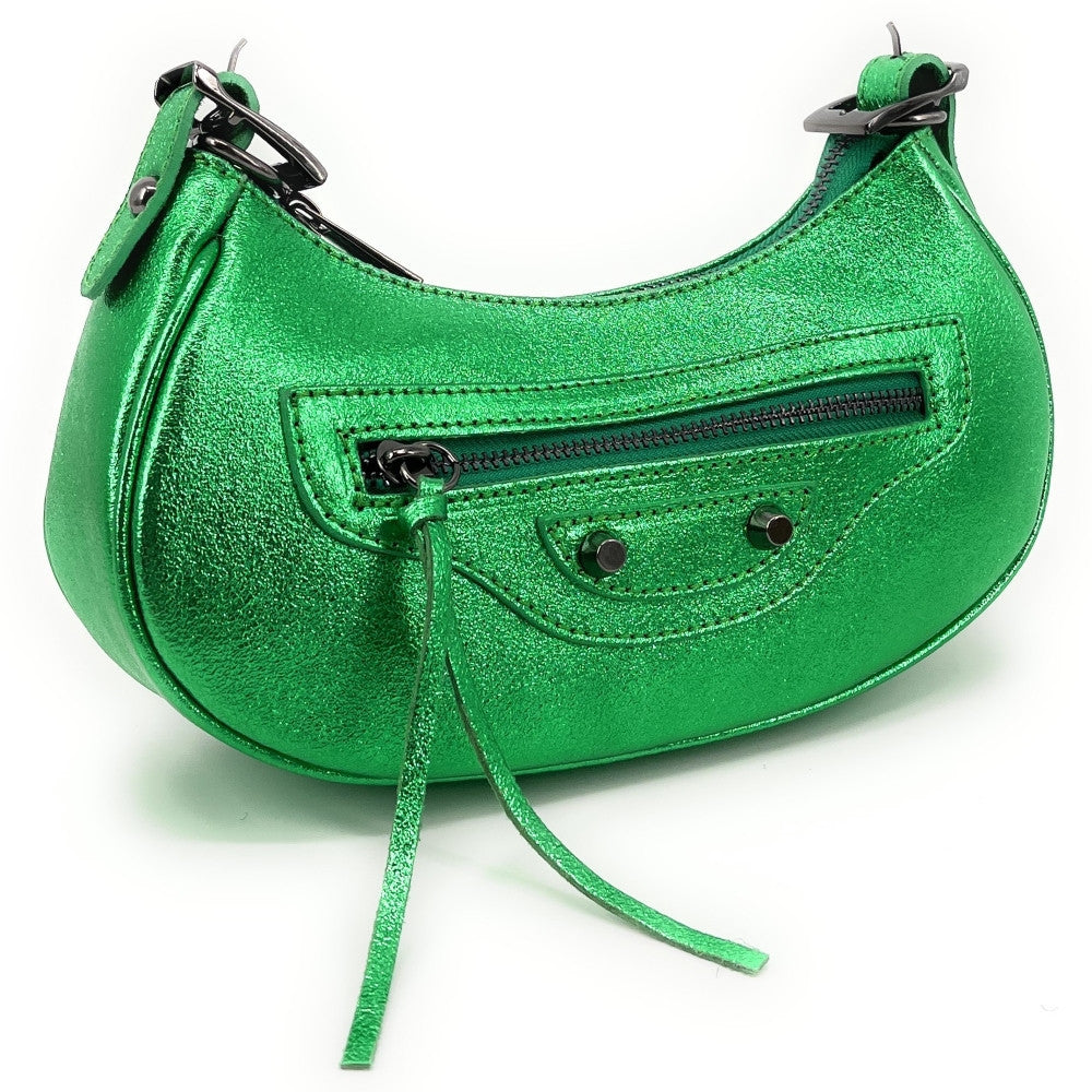 Sac à main demi-lune en cuir grainé ou irisé LUNA PARK Vert anglais irisé