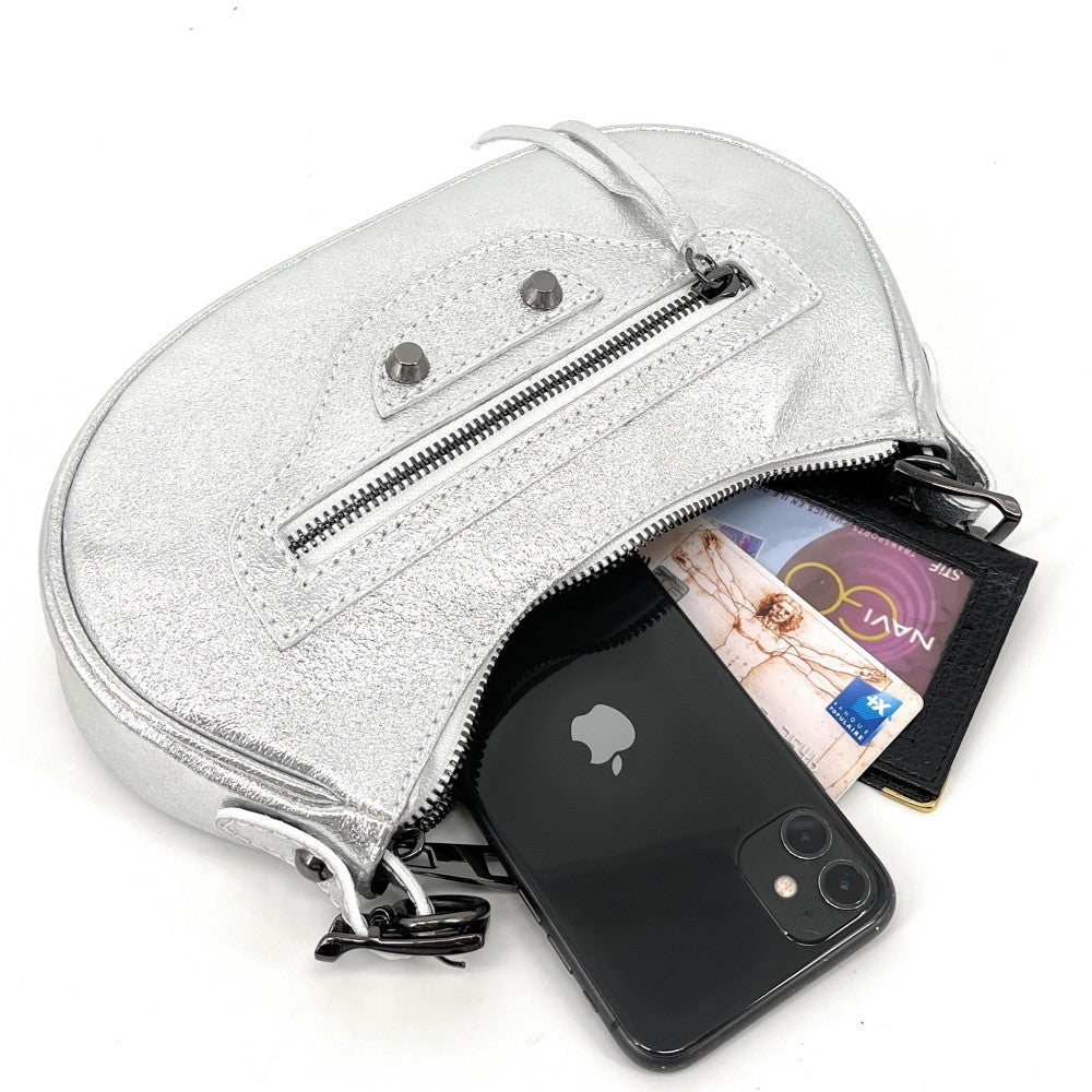 Sac à main demi-lune en cuir grainé ou irisé LUNA PARK Argent clair