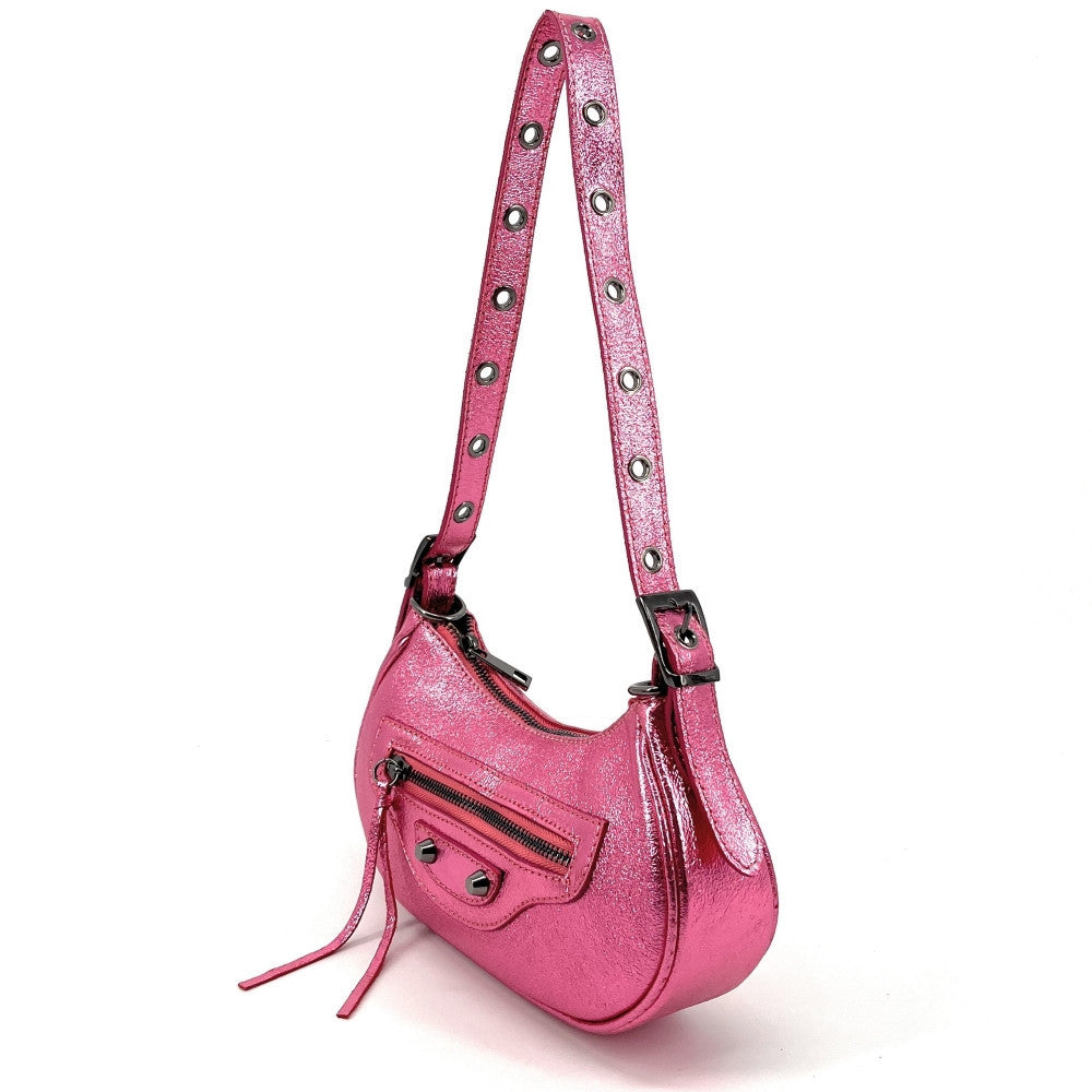 Sac à main demi-lune en cuir grainé ou irisé LUNA PARK Rose néon