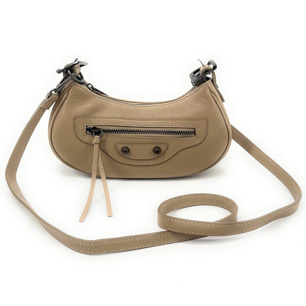 Sac à main demi-lune en cuir grainé ou irisé LUNA PARK Taupe clair
