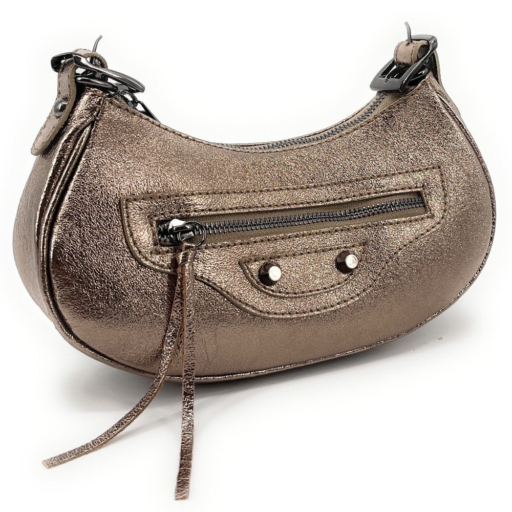 Sac à main demi-lune en cuir grainé ou irisé LUNA PARK Champagne irisé
