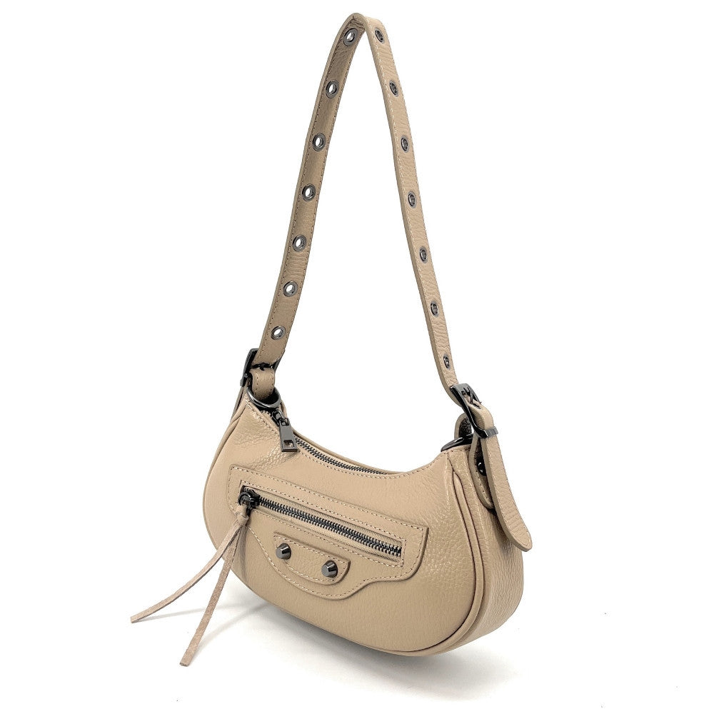 Sac à main demi-lune en cuir grainé ou irisé LUNA PARK Taupe clair