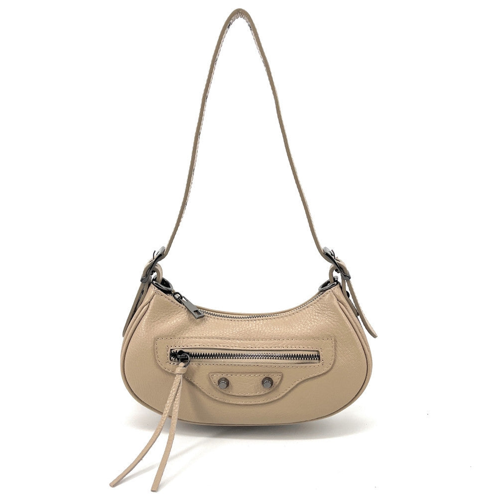 Sac à main demi-lune en cuir grainé ou irisé LUNA PARK Taupe clair