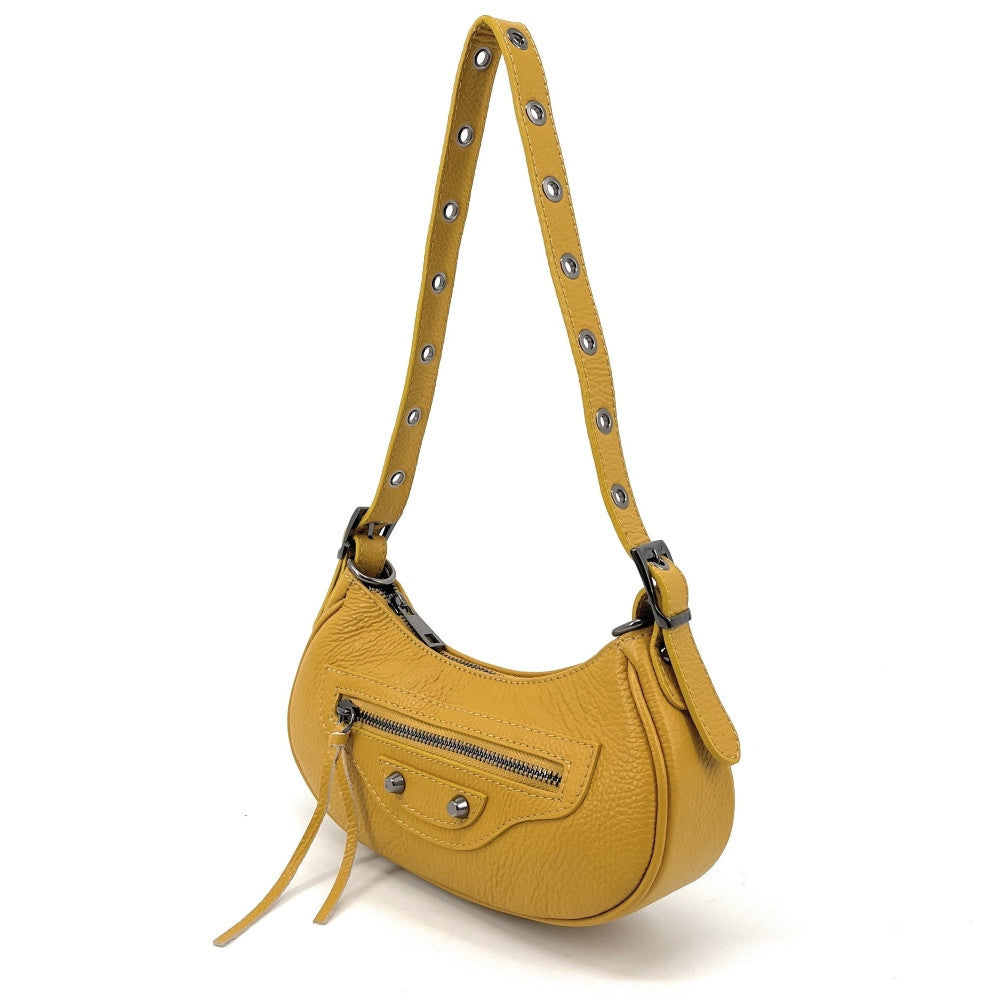 Sac à main demi-lune en cuir grainé ou irisé LUNA PARK Jaune Moutarde
