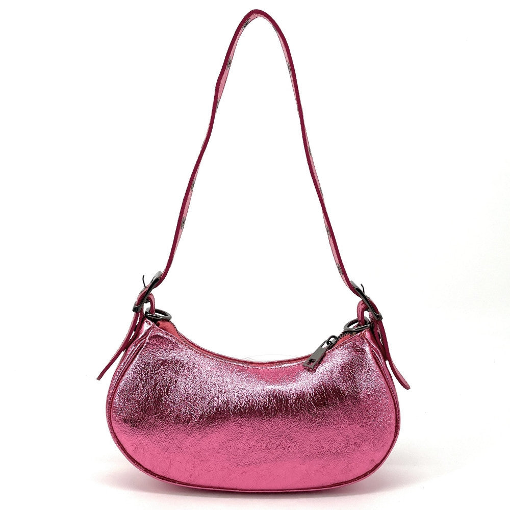 Sac à main demi-lune en cuir grainé ou irisé LUNA PARK Rose néon