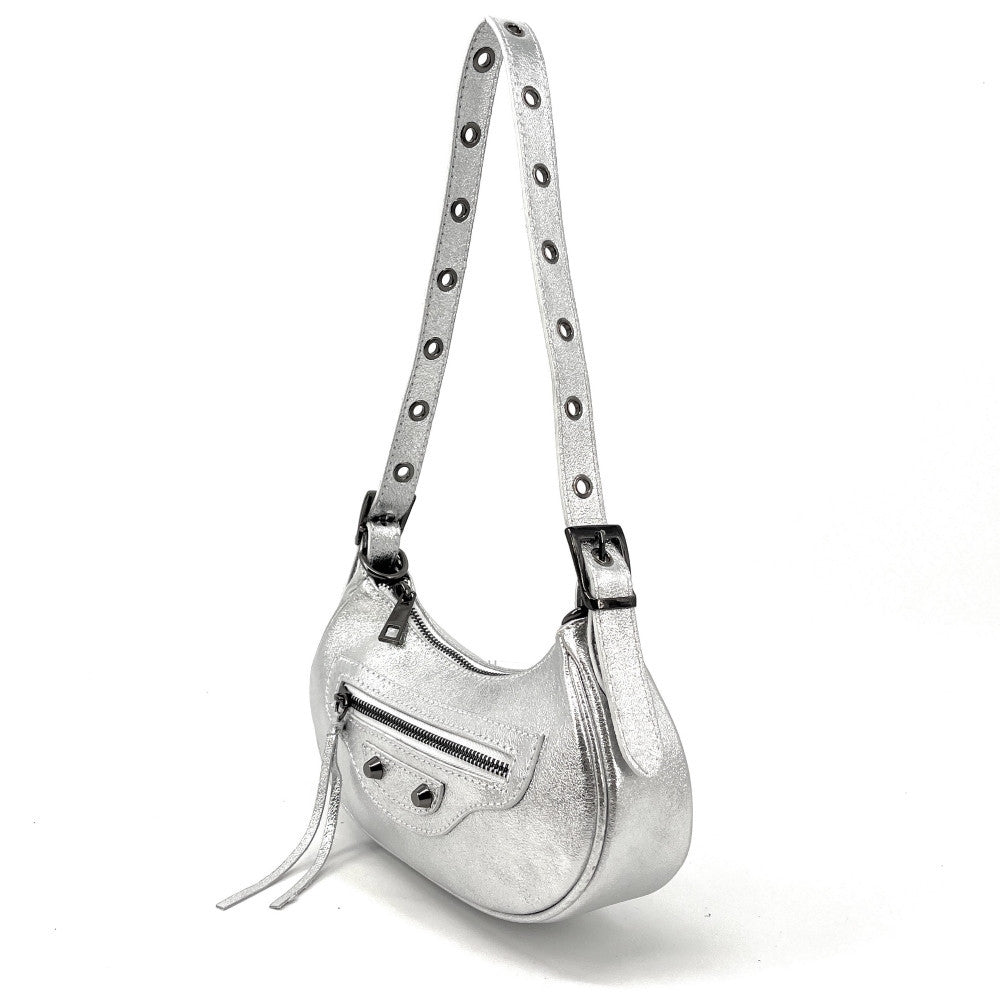 Sac à main demi-lune en cuir grainé ou irisé LUNA PARK Argent clair