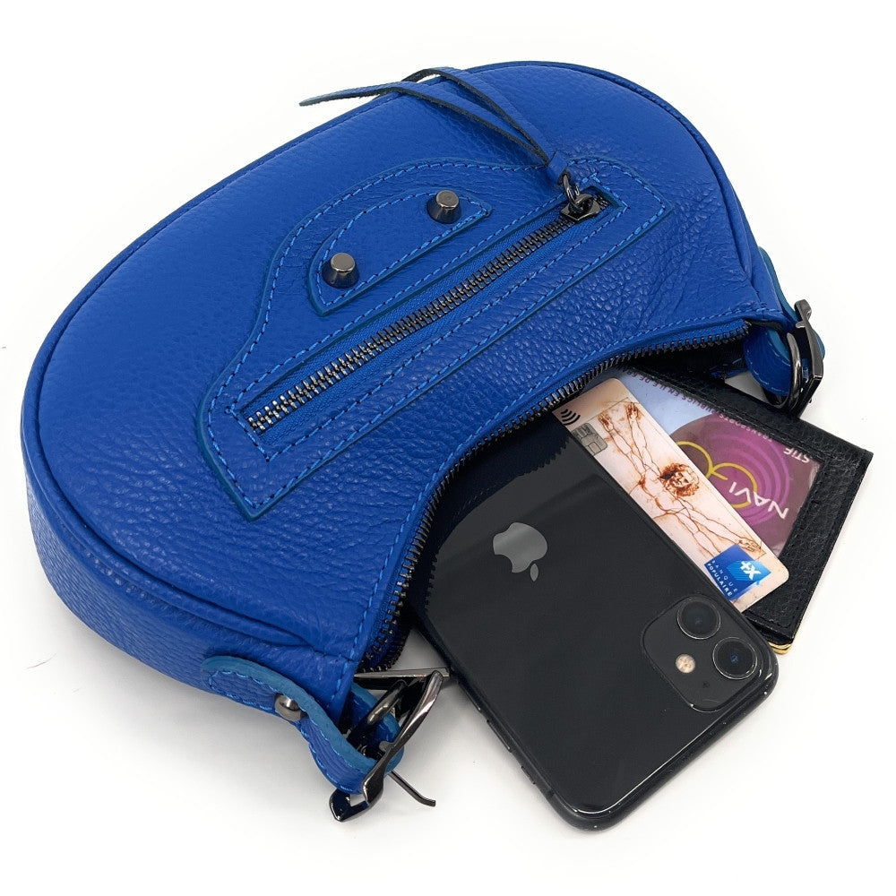 Sac à main demi-lune en cuir grainé ou irisé LUNA PARK Bleu cobalt