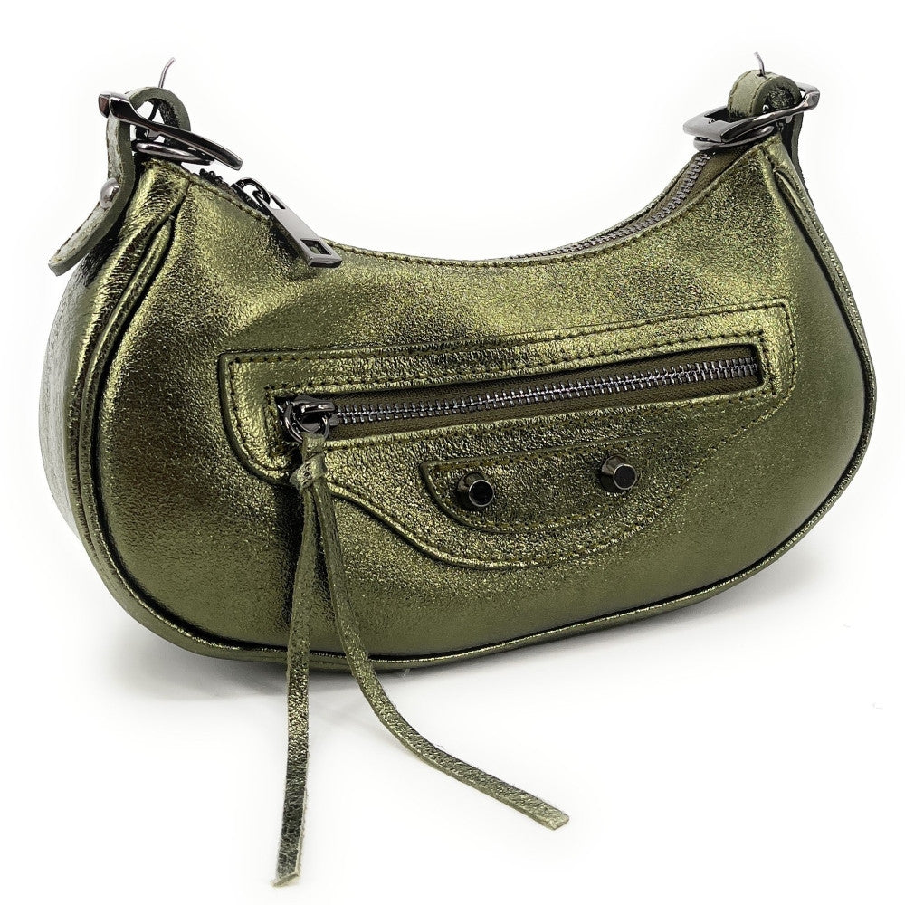 Sac à main demi-lune en cuir grainé ou irisé LUNA PARK Kaki irisé