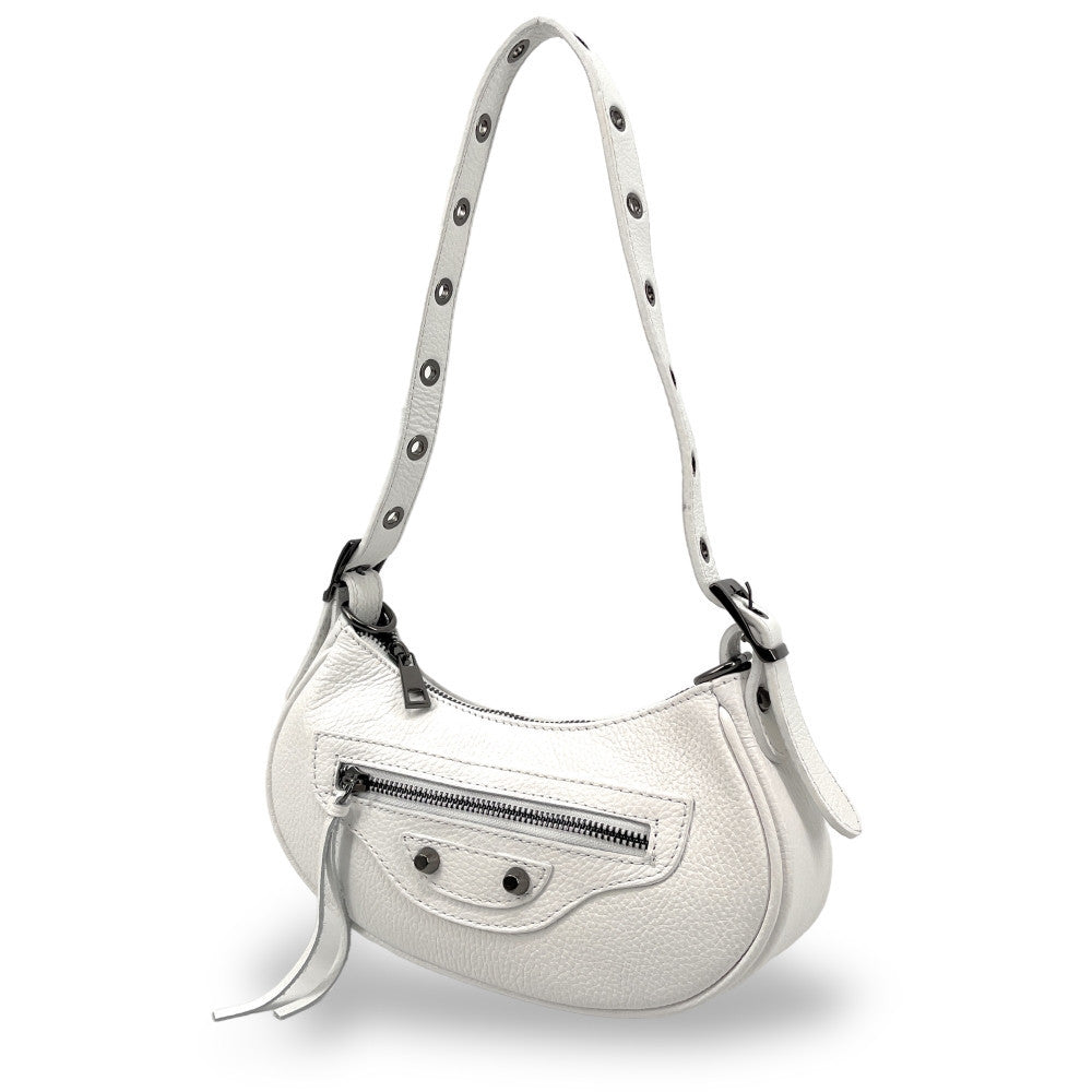 Sac à main demi-lune en cuir grainé ou irisé LUNA PARK Blanc