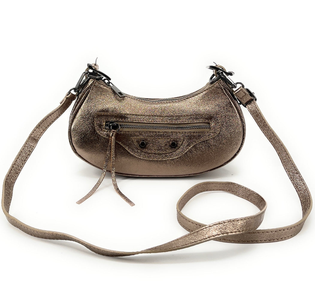 Sac à main demi-lune en cuir grainé ou irisé LUNA PARK Champagne irisé