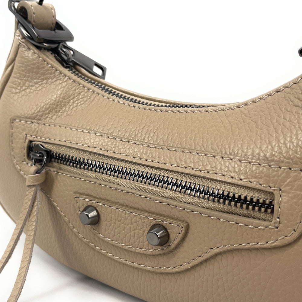 Sac à main demi-lune en cuir grainé ou irisé LUNA PARK Taupe clair