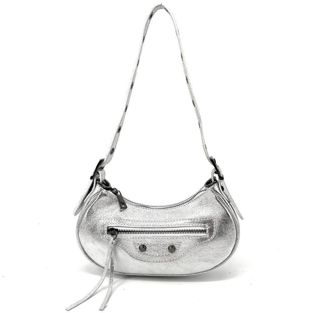 Sac à main demi-lune en cuir grainé ou irisé LUNA PARK Argent clair