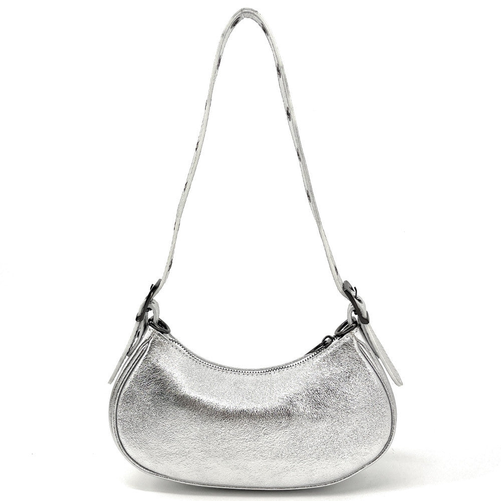 Sac à main demi-lune en cuir grainé ou irisé LUNA PARK Argent clair