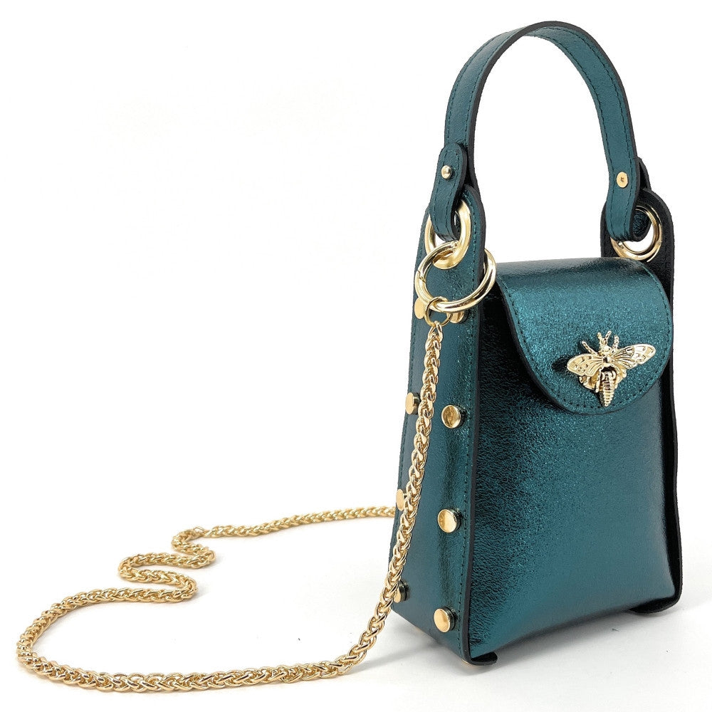 Mini sac à main en cuir irisé BEEZ Bleu vert canard