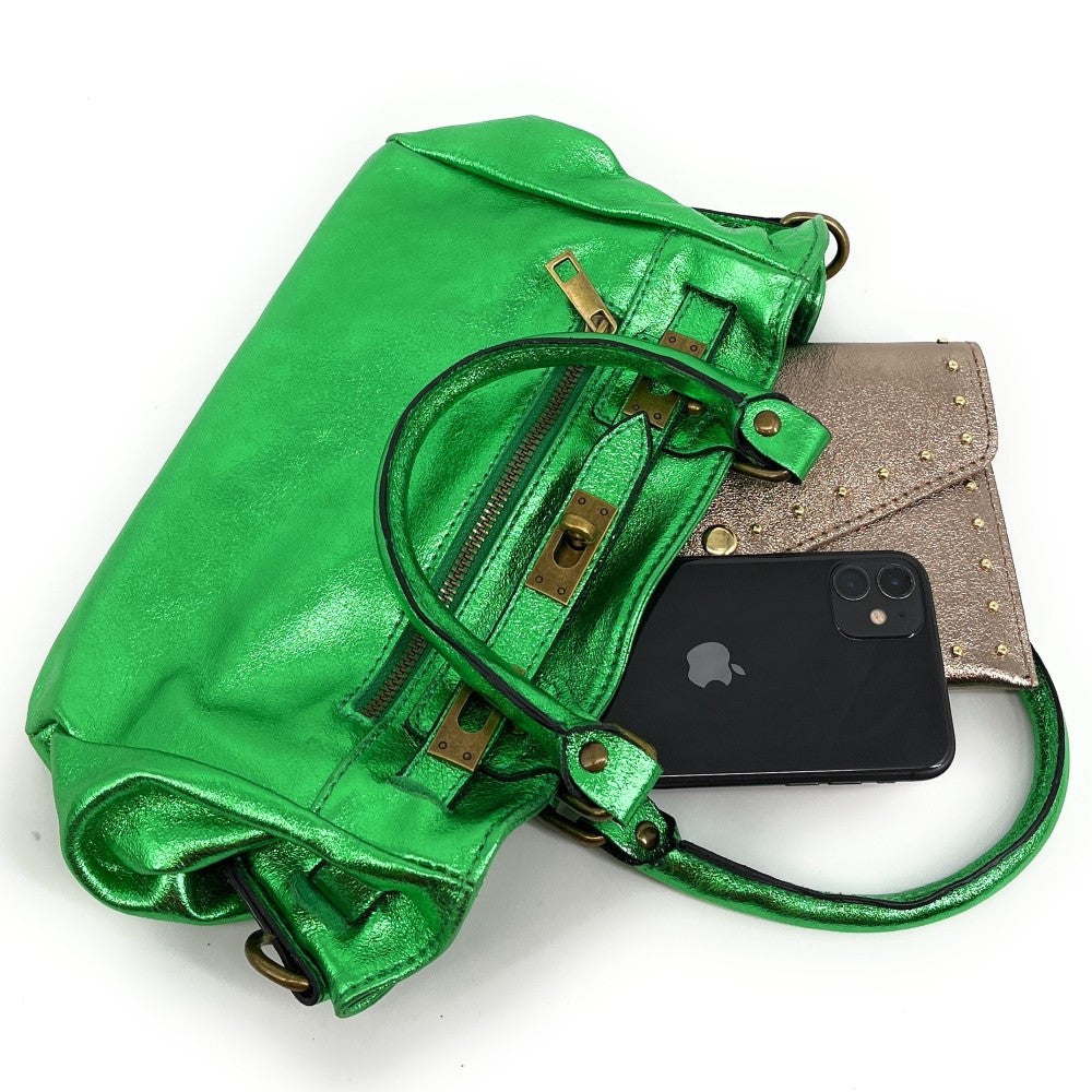 Mini sac à main en cuir irisé JANIS Vert anglais irisé