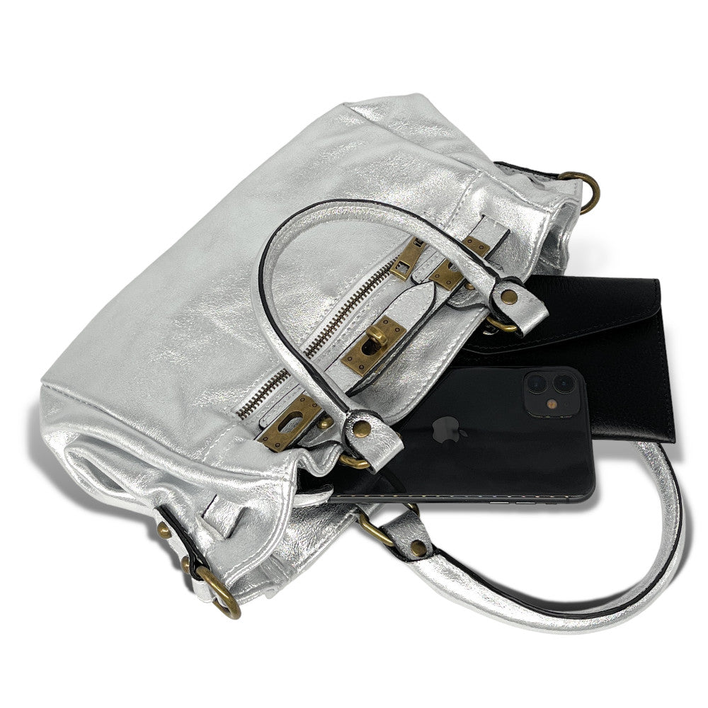 Mini sac à main en cuir irisé JANIS Argent clair