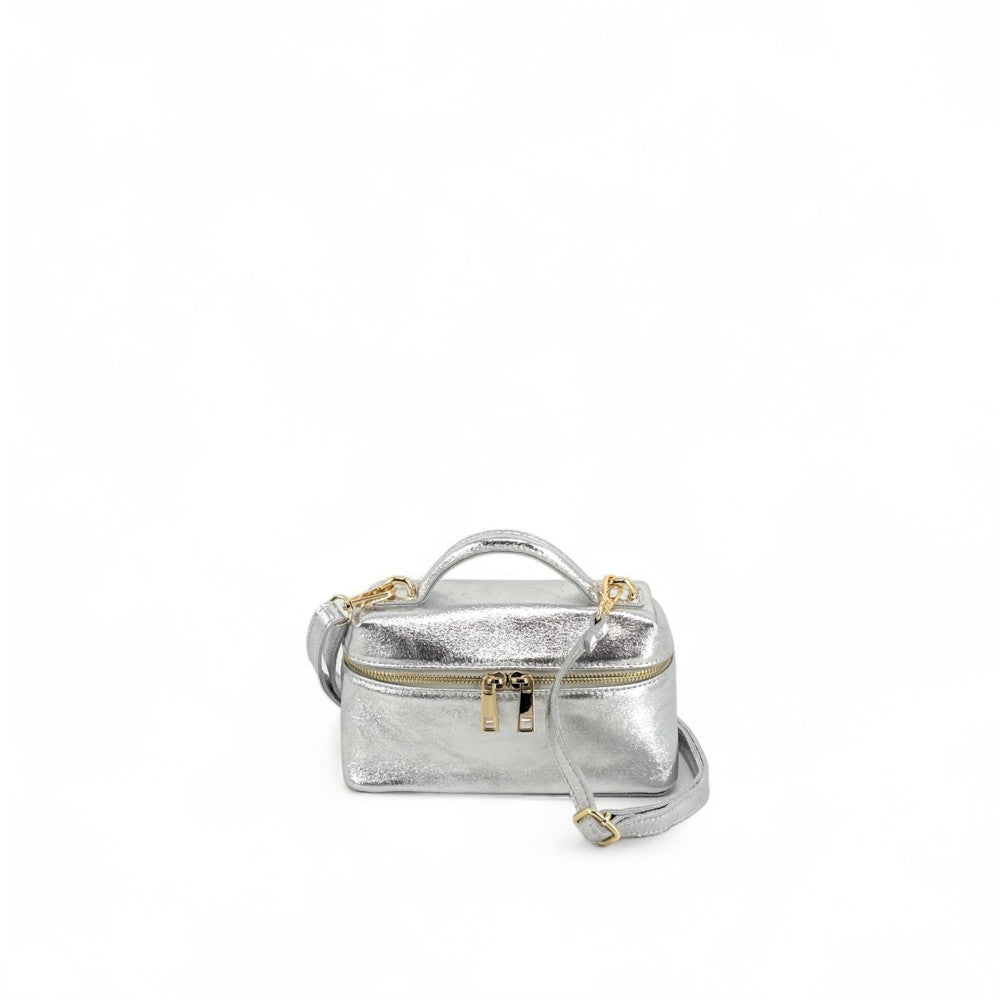 Mini-sac à main boxy en cuir irisé MICA Argent clair