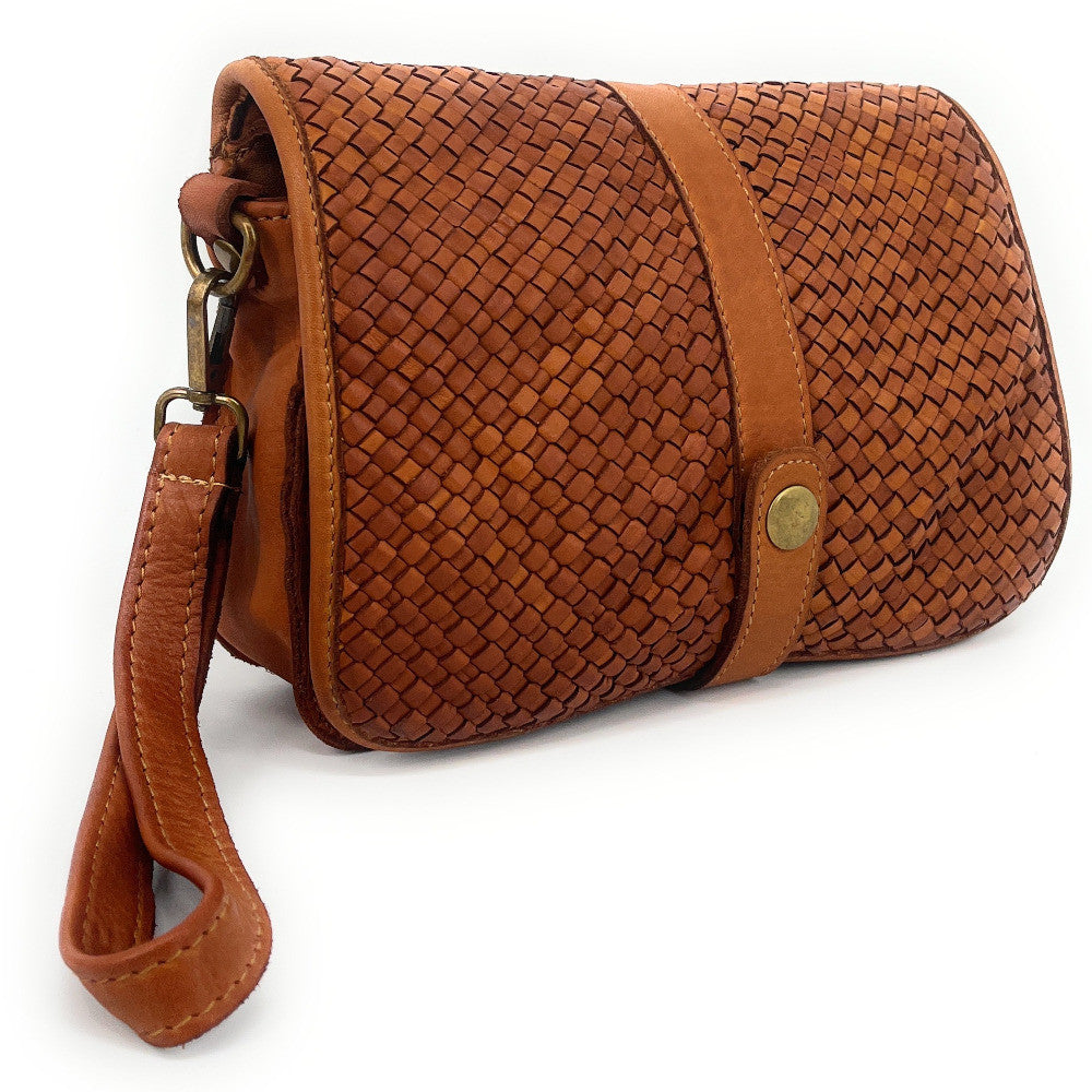 Sac besace à bandoulière en cuir tressé SHANNA Camel foncé