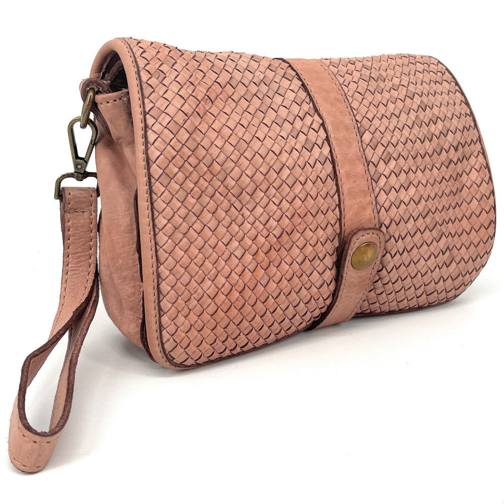 Sac besace à bandoulière en cuir tressé SHANNA Rose nude